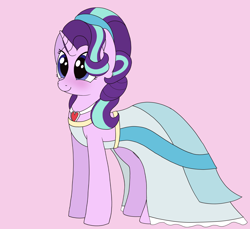 Size: 1302x1193 | Tagged: safe, artist:noosa, starlight glimmer, pony, unicorn, g4, alternate hairstyle, blushing, clothes, cute, dress, female, glimmerbetes, headband, horn, jewelry, mare, necklace, pink background, simple background, smiling, solo