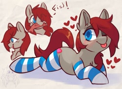 Size: 1057x769 | Tagged: safe, artist:drawtheuniverse, oc, oc only, oc:ponepony, earth pony, pony, :p, birthday gift art, blushing, clothes, cute, eye clipping through hair, gift art, heart, ocbetes, one eye closed, socks, solo, striped socks, tongue out, wink