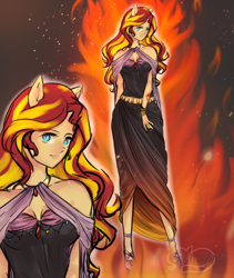 Size: 3464x4100 | Tagged: safe, artist:tatsuk0, sunset shimmer, human, equestria girls, g4, anime style, bare shoulders, clothes, dress, eared humanization, female, fiery shimmer, fire, high res, humanized, pony ears, solo