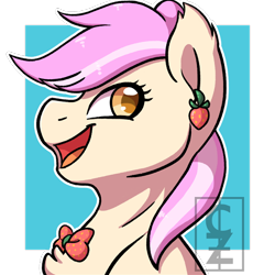 Size: 800x800 | Tagged: safe, artist:cleoziep, oc, oc:vanillaberry swirl, earth pony, food pony, pony, bowtie, commission, ear piercing, earring, female, food, jewelry, mare, piercing, ponified, simple background, solo, ych result