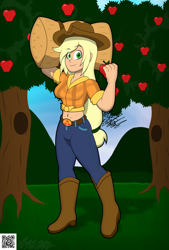 Size: 3384x5004 | Tagged: safe, artist:frostbitewhiteknight, applejack, human, g4, abs, absurd resolution, apple, apple tree, applejacked, belly button, blonde, carrying, clothes, cutie mark on clothes, eye clipping through hair, eyebrows, eyebrows visible through hair, female, hay bale, humanized, midriff, muscles, smiling, solo, tree