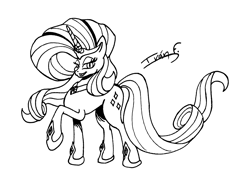 Size: 4468x3321 | Tagged: safe, artist:memprices, nightmare rarity, pony, unicorn, g4, black and white, doodle, drawing, evil smile, female, grayscale, grin, high res, horn, looking at you, mare, monochrome, raised hoof, signature, simple background, sketch, smiling, traditional art, white background