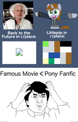 Size: 1738x2710 | Tagged: safe, artist:fhoenox, oc, oc:littlepip, fallout equestria, april fools, back to the future, christopher lloyd, confused, doc brown, emmett brown, jackie chan, meme, missing image, pixel art, r/place, reddit