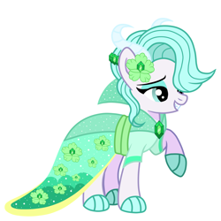 Size: 1000x1000 | Tagged: safe, artist:thenightowl69, oc, oc only, oc:emerald turquoise, dracony, hybrid, base used, clothes, dress, eyeshadow, female, flower, full body, grin, hair over one eye, interspecies offspring, lidded eyes, makeup, offspring, parent:rarity, parent:spike, parents:sparity, raised hoof, simple background, smiling, solo, standing, white background