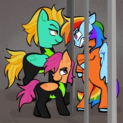 Size: 2000x2000 | Tagged: safe, artist:carconutty, lightning dust, rainbow dash, scootaloo, pegasus, pony, g4, alternate universe, angry, clothes, gloating, high res, mocking, prison outfit, prisoner, prisoner rd, smiling, smirk, taunting, uniform, washouts uniform