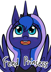 Size: 1000x1414 | Tagged: safe, alternate version, artist:happy harvey, princess luna, alicorn, pony, g4, blushing, crown, cute, ear fluff, feed me, female, fixed, jewelry, looking at you, looking up, mare, open mouth, phone drawing, regalia, simple background, smiling, spread wings, text, transparent background, wings