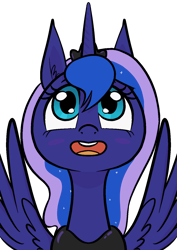Size: 1000x1414 | Tagged: safe, artist:happy harvey, princess luna, alicorn, pony, g4, blushing, crown, cute, ear fluff, female, fixed, jewelry, looking at you, looking up, mare, open mouth, phone drawing, regalia, simple background, smiling, spread wings, transparent background, wings