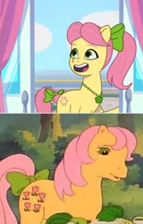 Size: 504x786 | Tagged: safe, edit, screencap, posey, posey bloom, earth pony, pony, g1, g5, mane melody, my little pony: tell your tale, spoiler:g5, spoiler:my little pony: tell your tale, spoiler:tyts01e05, bow, comparison, female, g1 to g5, generation leap, hair bow, jewelry, mare, necklace, ponytail, tail, tail bow
