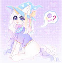 Size: 2000x2040 | Tagged: safe, artist:saltyvity, oc, pony, unicorn, blue eyes, blushing, bow, candy, clothes, commission, cute, food, gold horn, hat, henchmen, high res, licking, licking lips, lollipop, purple background, simple background, solo, sparkles, tongue out, white body, white hair, witch hat