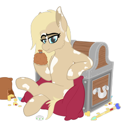 Size: 3906x3996 | Tagged: safe, artist:justapone, oc, oc only, oc:dahlia, earth pony, pony, cheek fluff, chest, colored lineart, ear fluff, earth pony oc, female, gold, gold coins, high res, jewelry, lineart, looking at you, mare, pillow, pouch, scepter, simple background, sitting, smiling, smiling at you, solo, spots, transparent background, treasure chest
