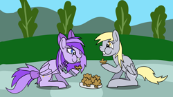 Size: 1920x1080 | Tagged: safe, artist:platinumdrop, derpy hooves, oc, oc:picnic starlight, pegasus, pony, g4, eating, female, food, mare, muffin, puffy cheeks, request