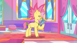 Size: 1600x900 | Tagged: safe, screencap, posey bloom, earth pony, pony, g5, mane melody, my little pony: tell your tale, spoiler:g5, spoiler:my little pony: tell your tale, spoiler:tyts01e05, alternate hairstyle, bow, cellphone, dissatisfied, female, jewelry, mare, necklace, phone, salon, smartphone, solo, tail, tail bow, youtube link