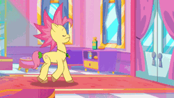 Size: 800x450 | Tagged: safe, screencap, pipp petals, posey bloom, earth pony, pegasus, pony, g5, mane melody, my little pony: tell your tale, spoiler:g5, spoiler:my little pony: tell your tale, spoiler:tyts01e05, :|, alternate hairstyle, animated, bow, cellphone, dissatisfied, female, jewelry, mare, meh, mohawk, necklace, phone, rating, smartphone, stars, tail, tail bow