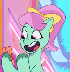 Size: 715x743 | Tagged: safe, screencap, minty skylark, earth pony, pony, g5, mane melody, my little pony: tell your tale, spoiler:g5, spoiler:my little pony: tell your tale, spoiler:tyts01e05, bow, cellphone, cropped, cute, female, hair bow, hoof hold, mare, open mouth, open smile, phone, smartphone, smiling, solo