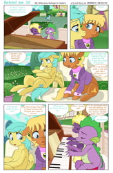 Size: 1535x2338 | Tagged: safe, artist:jeremy3, ms. harshwhinny, spike, sunshower raindrops, oc, oc:valentine, dragon, earth pony, pegasus, pony, comic:behind me, g4, alternate universe, bench, clothes, comic, house, musical instrument, piano, ponyville