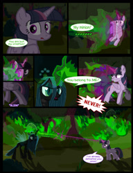 Size: 1042x1358 | Tagged: safe, artist:dendoctor, mean twilight sparkle, queen chrysalis, alicorn, changeling, pony, comic:clone.., g4, alternate universe, beam struggle, clone, comic, energy blast, female, fire, glowing, glowing horn, green fire, horn, magic, shield, tree, twilight sparkle (alicorn)