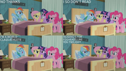 Size: 1280x720 | Tagged: safe, edit, edited screencap, editor:quoterific, screencap, fluttershy, pinkie pie, rainbow dash, twilight sparkle, earth pony, pegasus, pony, unicorn, g4, read it and weep, season 2, eyes closed, female, mare, open mouth, ponyville hospital, spread wings, text, unicorn twilight, wings