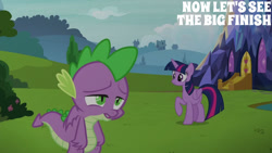 Size: 1280x720 | Tagged: safe, edit, edited screencap, editor:quoterific, screencap, spike, twilight sparkle, alicorn, dragon, pony, father knows beast, g4, season 8, duo, female, male, mare, open mouth, smiling, text, twilight sparkle (alicorn), twilight's castle, winged spike, wings