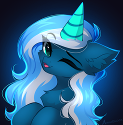 Size: 1755x1780 | Tagged: safe, artist:airiniblock, oc, oc only, oc:vivid tone, pegasus, pony, rcf community, bust, chest fluff, ear fluff, eye clipping through hair, eyebrows, eyebrows visible through hair, eyelashes, gift art, gradient background, icon, one eye closed, open mouth, pegasus oc, present, signature, solo, wink