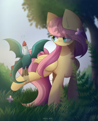 Size: 1900x2350 | Tagged: safe, artist:miryelis, fluttershy, butterfly, cockatrice, pegasus, pony, g4, stare master, cute, daaaaaaaaaaaw, female, full body, grass, long hair, mare, raised leg, shyabetes, smiling, solo, standing, tail, wings