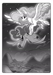 Size: 1535x2185 | Tagged: safe, artist:oofycolorful, princess celestia, princess luna, alicorn, pony, g4, duo, duo female, eye clipping through hair, eyebrows, eyebrows visible through hair, fanfic art, female, flying, mare, monochrome, royal sisters, siblings, signature, sisters, spread wings, wings