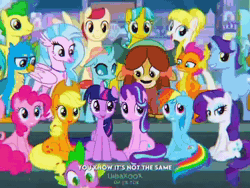 Size: 1440x1080 | Tagged: safe, edit, edited screencap, screencap, apple bloom, applejack, auburn vision, berry blend, berry bliss, big macintosh, carrot cake, citrine spark, clever musings, cup cake, fire quacker, fluttershy, gallus, granny smith, huckleberry, mayor mare, november rain, ocellus, peppermint goldylinks, photo finish, pinkie pie, rainbow dash, rarity, sandbar, scootaloo, silverstream, slate sentiments, smolder, snails, snips, spike, starlight glimmer, strawberry scoop, sugar maple, summer breeze, sweetie belle, twilight sparkle, yona, zecora, alicorn, changeling, classical hippogriff, dragon, earth pony, griffon, hippogriff, pegasus, pony, unicorn, yak, zebra, g4, season 1, season 4, season 7, season 8, animated, apple bloom's bow, applejack's hat, bow, camera, colt, cowboy hat, cutie mark crusaders, dragoness, eyes closed, female, filly, flying, foal, friendship student, golden oaks library, grin, hair bow, hat, male, mane seven, mane six, mare, open mouth, open smile, school of friendship, smiling, sound, spread wings, stallion, student six, text, tiktok, twilight sparkle (alicorn), twilight's castle, unicorn twilight, wall of tags, webm, wings