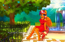 Size: 3562x2310 | Tagged: safe, artist:cali luminos, oc, oc only, oc:firepony, pegasus, anthro, unguligrade anthro, clothes, cute, dress, female, fence, fountain, garden, high res, looking at you, sitting, solo, sun, tree