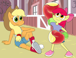Size: 1920x1468 | Tagged: safe, artist:strangefacts101, apple bloom, applejack, earth pony, anthro, g4, barn, boxing gloves, clothes, converse, shoes, shorts