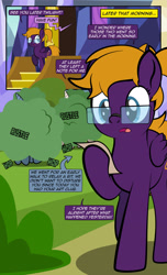 Size: 1920x3168 | Tagged: safe, artist:alexdti, oc, oc only, oc:purple creativity, pegasus, pony, unicorn, comic:quest for friendship, bush, comic, dialogue, female, folded wings, glasses, high res, hoof hold, hooves, horn, mare, onomatopoeia, open mouth, open smile, outdoors, paper, pegasus oc, raised hoof, reading, shadow, smiling, solo, speech bubble, standing, twilight's castle, wings