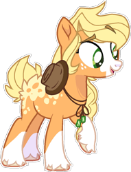 Size: 727x952 | Tagged: safe, artist:rickysocks, applejack, earth pony, pony, g4, alternate hairstyle, coat markings, dappled, eyebrows, eyebrows visible through hair, facial markings, female, freckles, full body, hat, hooves, mare, open mouth, open smile, outline, raised eyebrow, raised hoof, simple background, smiling, socks (coat markings), solo, standing, transparent background, unshorn fetlocks, white outline