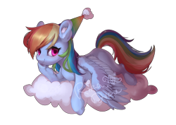 Size: 4960x3507 | Tagged: safe, alternate version, artist:rikadiane, rainbow dash, pegasus, pony, g4, cloud, colored ear fluff, ear fluff, female, full body, hat, hoof on cheek, looking at you, mare, multicolored hair, on a cloud, party hat, rainbow hair, rainbow hat, signature, simple background, smiling, solo, spread wings, transparent background, wings