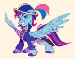 Size: 2699x2150 | Tagged: safe, artist:imalou, oc, oc only, oc:andrew swiftwing, oc:swift sail, pegasus, pony, alternate universe, clothes, coat, fantasy class, feather, hat, high res, looking at you, male, smug, solo, spread wings, stallion, wings