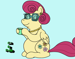 Size: 2134x1677 | Tagged: safe, artist:puffydearlysmith, posey shy, pegasus, pony, g4, coffee, coffee mug, double chin, fat, female, glasses, jewelry, looking at you, mare, mug, necklace, signature, smiling