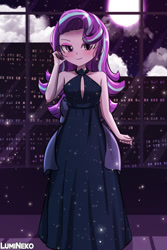 Size: 750x1125 | Tagged: safe, artist:lumineko, starlight glimmer, human, equestria girls, g4, adorasexy, bare shoulders, beautiful, black dress, blushing, boob window, city, cityscape, clothes, cute, dress, eyebrows, eyebrows visible through hair, full moon, glimmerbetes, little black dress, looking at you, moon, night, sexy, signature, sleeveless, smiling, smiling at you, solo, window
