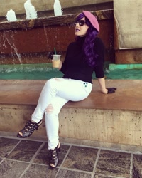 Size: 1080x1349 | Tagged: safe, artist:briannacherrycosplay, rarity, human, bronycon, bronycon 2019, g4, beatnik rarity, beret, clothes, cosplay, costume, hat, irl, irl human, photo, sitting, sunglasses, sweater