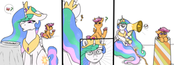 Size: 2400x900 | Tagged: safe, artist:puffluna8, princess celestia, scootaloo, alicorn, pegasus, pony, cake, cakelestia, cannon, comic, crown, cute, duo, duo female, female, filly, foal, food, fuse, jewelry, mare, megaphone, pony cannonball, regalia, scared, this will end in death, this will end in tears, this will end in tears and/or a journey to the moon, this will end in tears and/or death, to the moon, trollestia, tyrant celestia