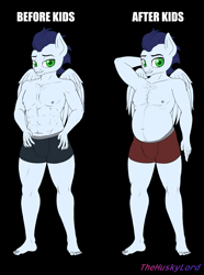 Size: 2919x3919 | Tagged: safe, artist:thehuskylord, soarin', pegasus, anthro, plantigrade anthro, g4, before and after, bhm, briefs, chest hair, clothes, dad bod, fat, feet, high res, looking at you, male, male nipples, muscles, nipples, smiling, solo, underwear, weight gain