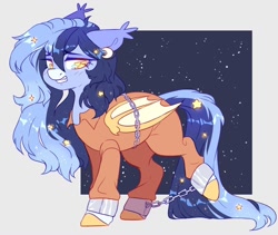 Size: 1024x866 | Tagged: safe, artist:cheekipone, oc, oc:moonshine, bat pony, pony, bat pony oc, bound wings, chains, clothes, commission, cuffed, cuffs, ethereal mane, never doubt rainbowdash69's involvement, prison outfit, solo, starry mane, wings