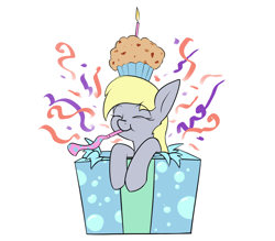 Size: 1600x1400 | Tagged: safe, artist:rocket-lawnchair, derpy hooves, pegasus, pony, g4, birthday candles, box, candle, confetti, cute, derpabetes, eyes closed, female, food, mare, mouth hold, muffin, noisemaker, party horn, pony in a box, present, simple background, solo, white background