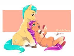 Size: 2048x1536 | Tagged: safe, artist:ku_rimo, hitch trailblazer, sunny starscout, earth pony, pony, g5, duo, female, heart, japanese, looking at each other, looking at someone, looking down, looking up, male, mare, open mouth, ship:starblazer, shipping, simple background, stallion, straight, underhoof, white background