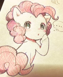 Size: 1660x2048 | Tagged: safe, artist:ku_rimo, pinkie pie, earth pony, pony, g4, ..., female, looking at you, mare, raised hoof, solo, thought bubble, traditional art