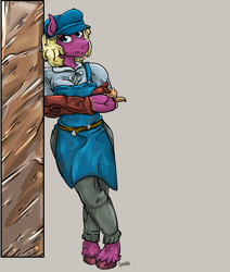 Size: 5366x6328 | Tagged: safe, artist:ghouleh, oc, oc only, oc:backdrop, earth pony, anthro, apron, belt, clothes, female, gloves, hat, leaning, leaning on wall, mare, muscles, scar, solo, wall