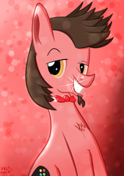 Size: 2480x3508 | Tagged: safe, artist:ace play, oc, oc only, oc:ace play, earth pony, pony, alternate hairstyle, bowtie, chest fluff, dreamworks face, earth pony oc, facial hair, goatee, grin, high res, looking at you, male, shiny, shiny teeth, signature, sitting, smiling, smiling at you, solo, sparkling smile, stallion