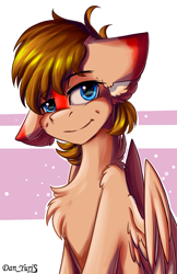 Size: 1592x2452 | Tagged: safe, artist:yuris, oc, oc only, oc:erin rorien, pegasus, pony, abstract background, blue eyes, brown mane, chest fluff, cute, dimples, ear fluff, floppy ears, male, pegasus oc, smiling, solo