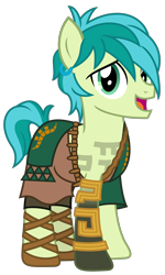 Size: 1500x2497 | Tagged: safe, alternate version, artist:sketchmcreations, sandbar, earth pony, pony, g4, bracelet, clothes, corrupted, jewelry, link, male, open mouth, sandals, simple background, smiling, solo, teenager, the legend of zelda, the legend of zelda: breath of the wild, the legend of zelda: tears of the kingdom, toga, transparent background, tunic, vector