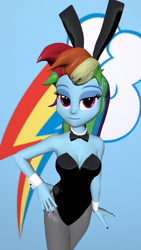 Size: 900x1600 | Tagged: safe, artist:oatmeal!, rainbow dash, human, equestria girls, g4, 3d, bedroom eyes, black leotard, bowtie, breasts, bunny ears, bunny suit, clothes, cuffs (clothes), cutie mark, cutie mark background, easter, gmod, hand on hip, holiday, leotard, looking at you, pantyhose, playboy bunny, sexy, simple background, solo
