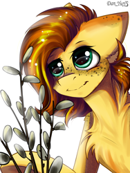 Size: 1560x2080 | Tagged: safe, alternate version, artist:yuris, oc, oc only, oc:yuris, pegasus, pony, brown mane, chest fluff, cute, female, freckles, pegasus oc, simple background, smiling, solo, spring, turquoise eyes, white background, yellow skin