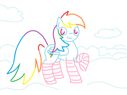 Size: 1200x900 | Tagged: safe, artist:purblehoers, rainbow dash, pegasus, pony, g4, clothes, cloud, confident, female, looking at you, mare, ms paint, raised leg, smiling, socks, solo, striped socks