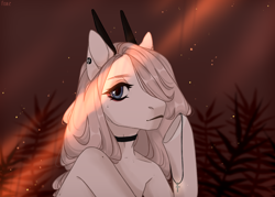 Size: 1568x1125 | Tagged: safe, artist:lissfoxz, oc, oc only, pony, bust, choker, ear piercing, eyelashes, female, forest, horns, mare, outdoors, piercing, solo