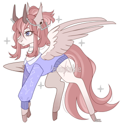 Size: 1152x1178 | Tagged: safe, artist:lissfoxz, oc, oc only, pony, clothes, colored hooves, ear piercing, eyelashes, female, horns, mare, piercing, simple background, solo, transparent background, wings